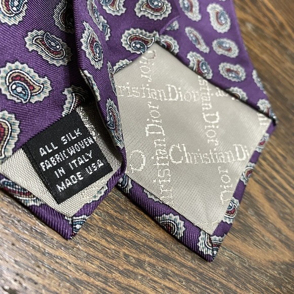 Christian Dior Italy Mens Neck Tie Silk Purple Paisley - Picture 4 of 4
